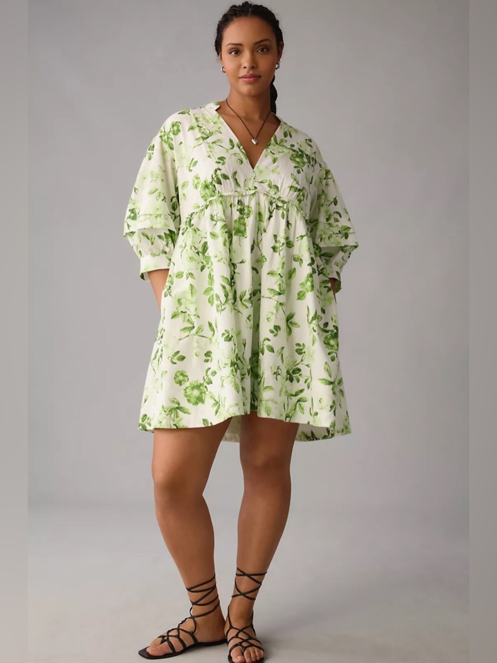 Maeve dress v-neck tunic Green Leaf floral Print Babydoll cotton sz 2x